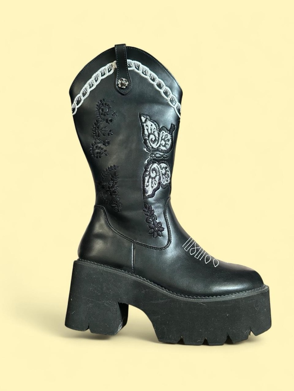 Black Platform Western Boot with Embroidered Details